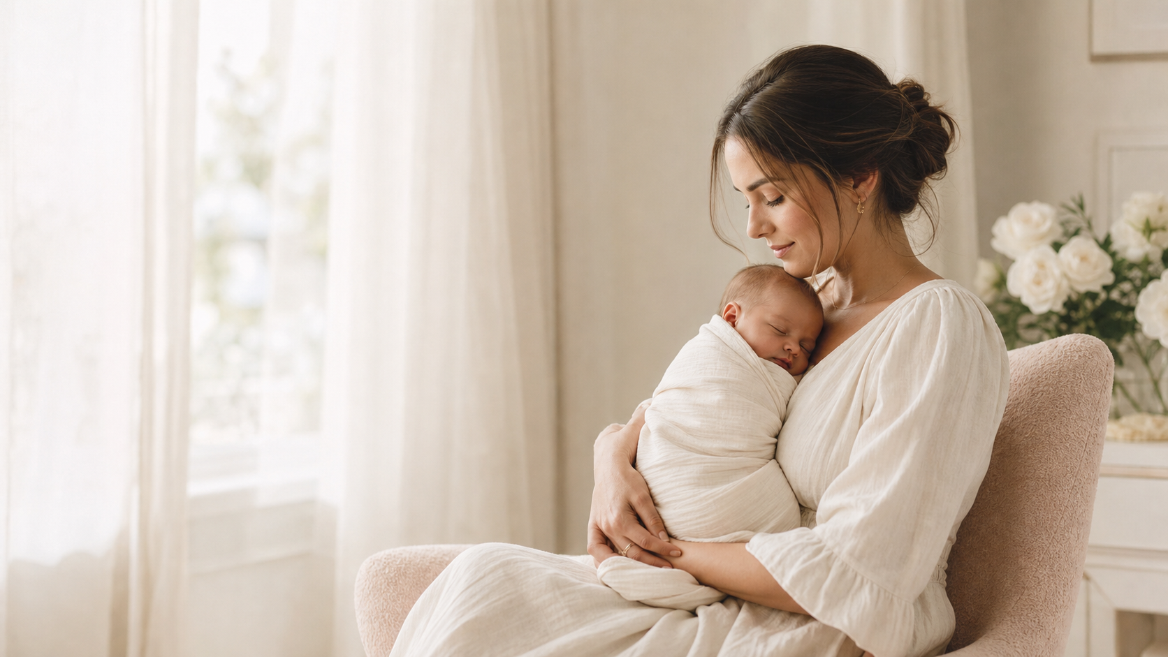 A mother tenderly holding her sleeping baby